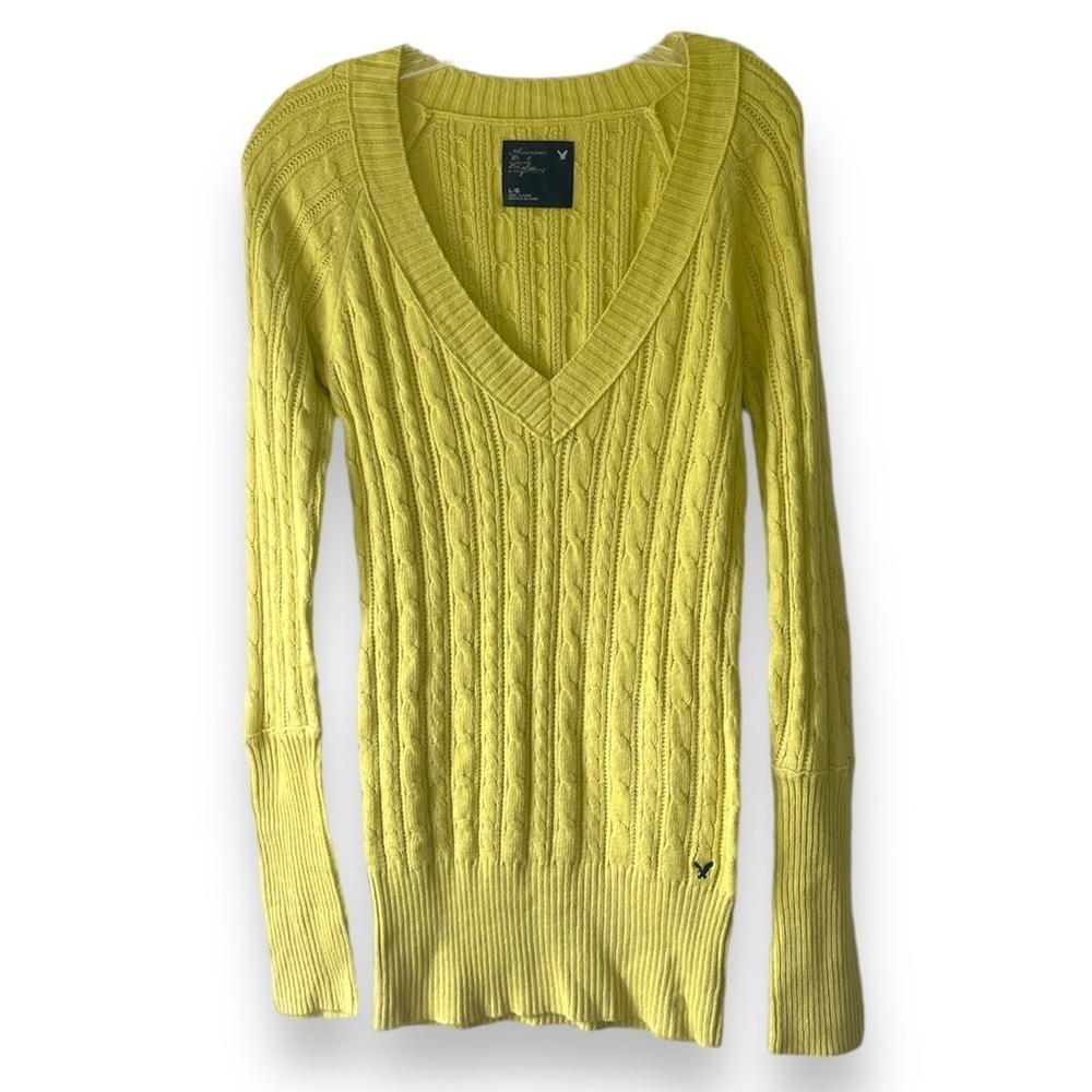 NWOT American Eagle Cable Knit Yellow V neck sweater